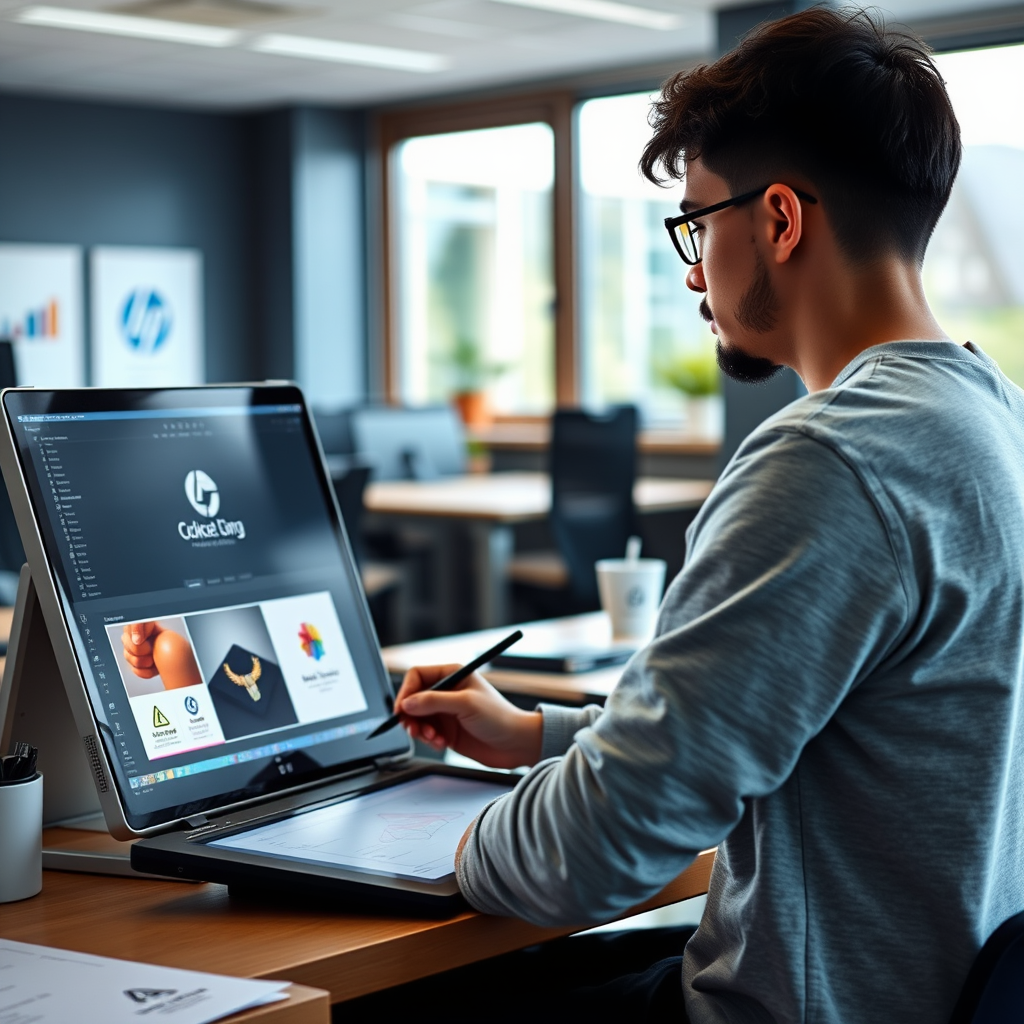 Estudiante de diseño gráfico trabajando en la creación de una identidad de marca en computadora con tableta gráfica en aula moderna con iluminación natural