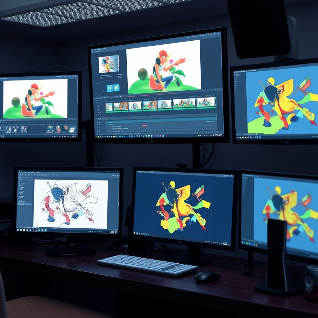 Espacio de trabajo de animación digital con múltiples pantallas mostrando software de animación, timeline de movimiento y diseños estáticos siendo transformados en animaciones dinámicas