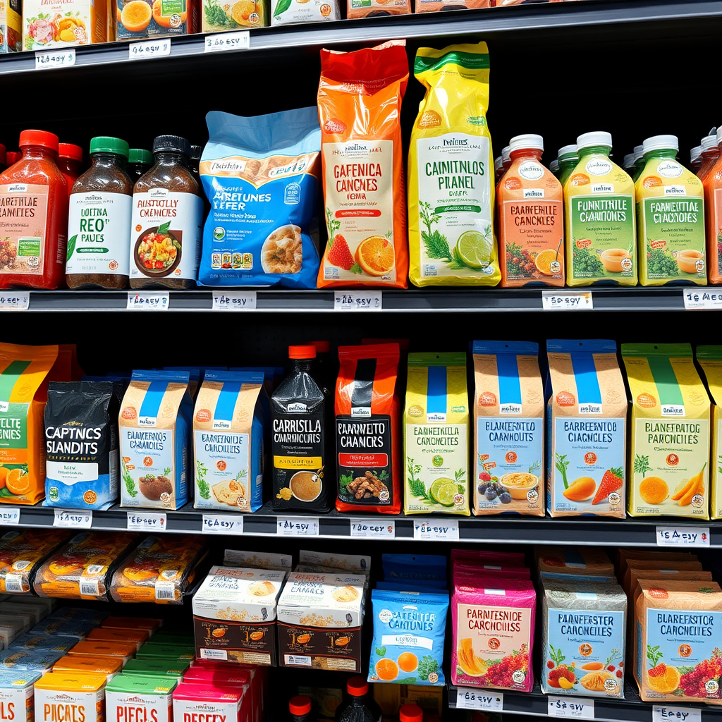 Collage de productos argentinos con packaging innovador mostrando diseños sustentables, colores vibrantes y elementos culturales locales en estantes de supermercado