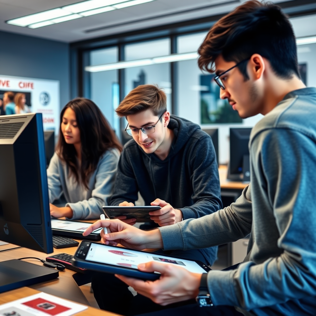 Estudiantes de diseño gráfico trabajando colaborativamente en proyectos creativos usando computadoras y tabletas digitales en el aula moderna de synezesisvpc.com