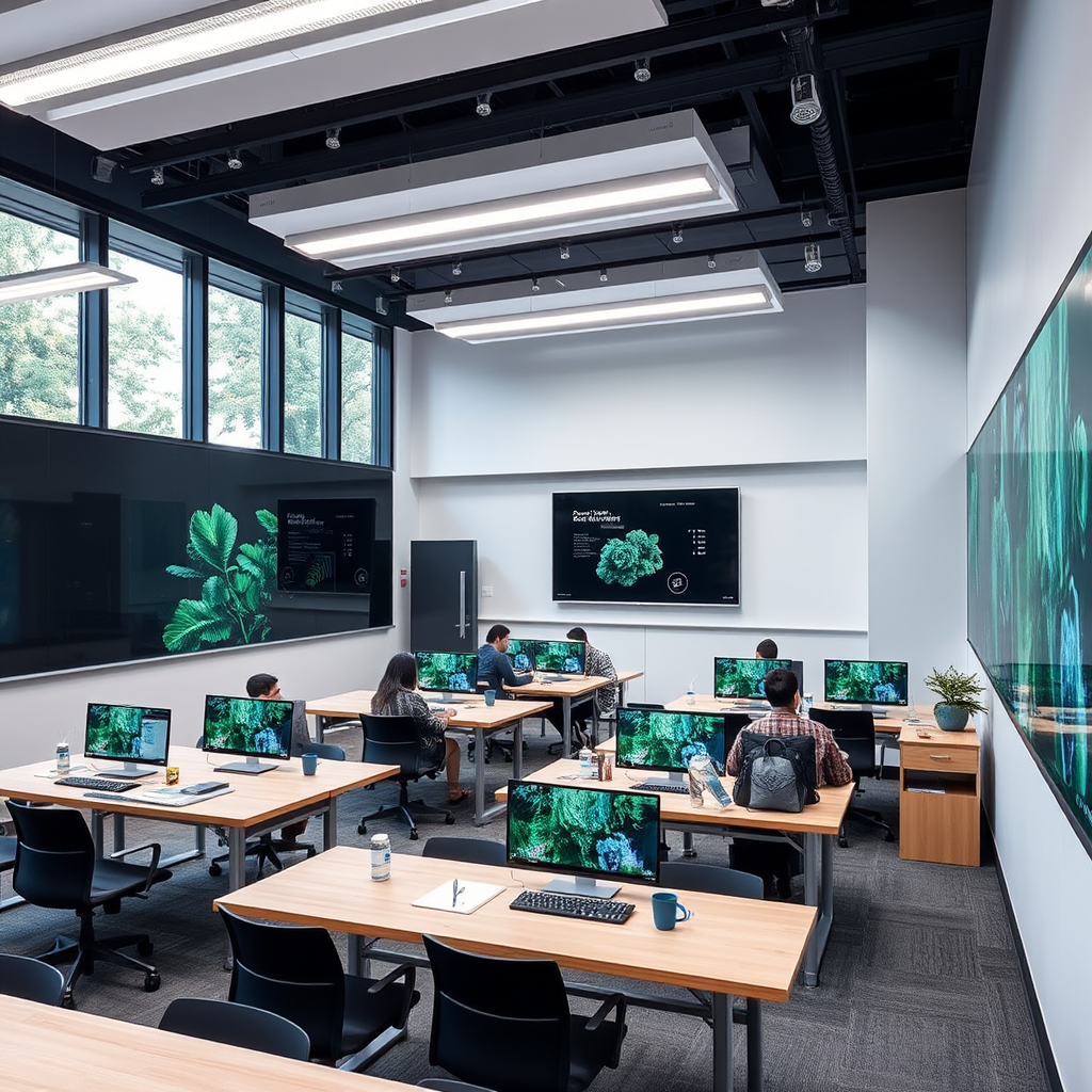 Aula moderna de diseño gráfico equipada con tecnología avanzada y espacios colaborativos