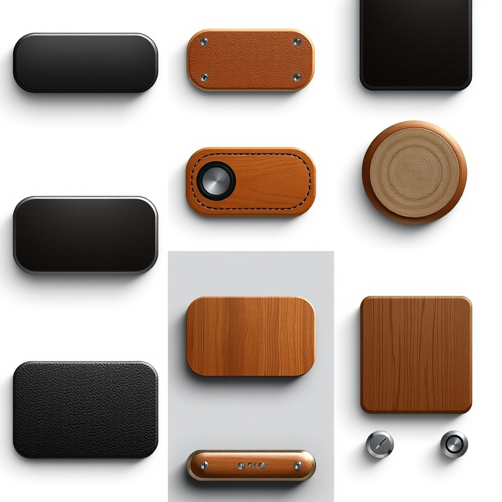 Ejemplos de diseño esqueumórfico mostrando botones con sombras, texturas de cuero, elementos de madera y metálicos que imitan materiales reales en interfaces digitales
