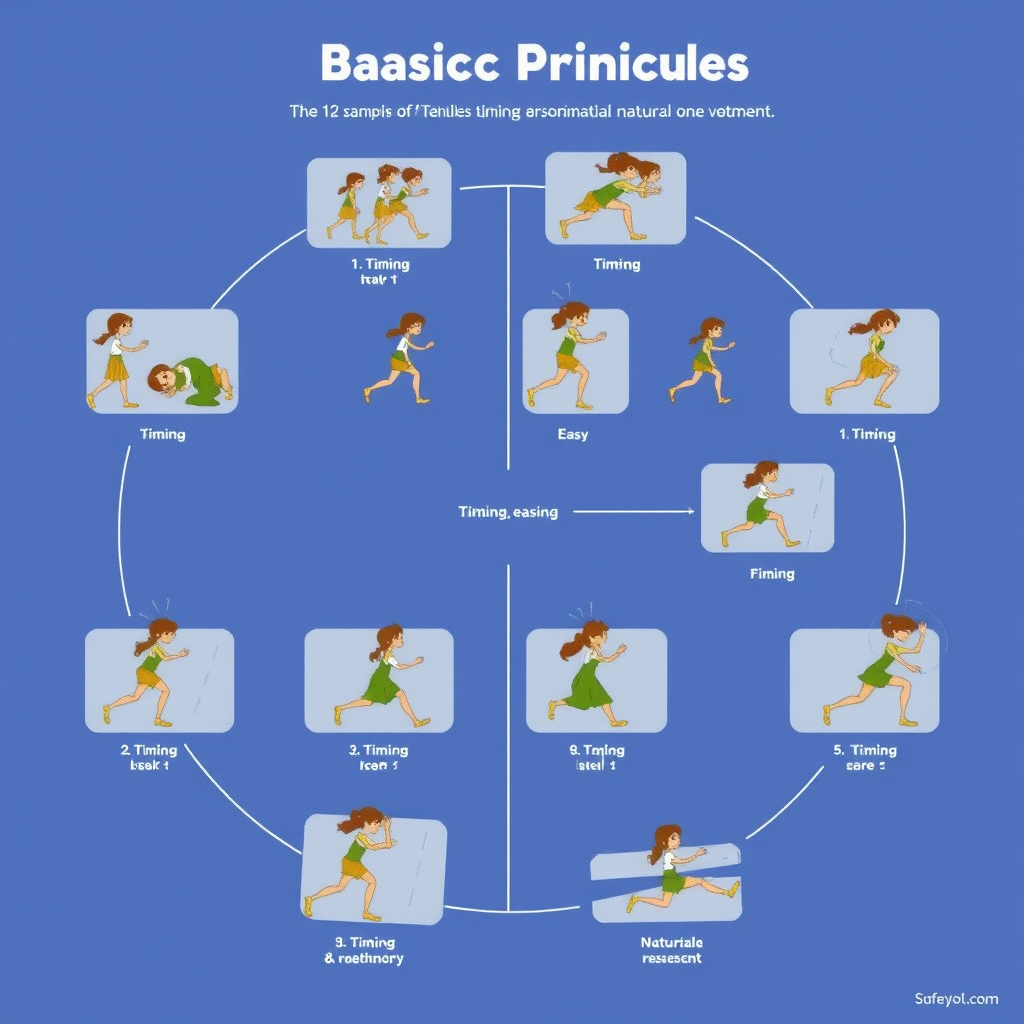 Diagrama ilustrativo mostrando los 12 principios básicos de animación con ejemplos visuales de timing, easing y movimiento natural