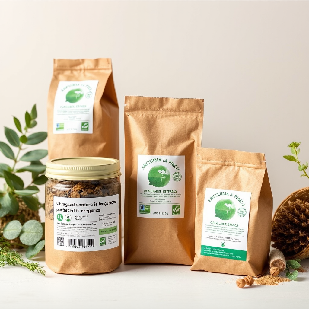 Productos argentinos con packaging ecológico mostrando materiales reciclados, cartón kraft, y etiquetas con certificaciones ambientales