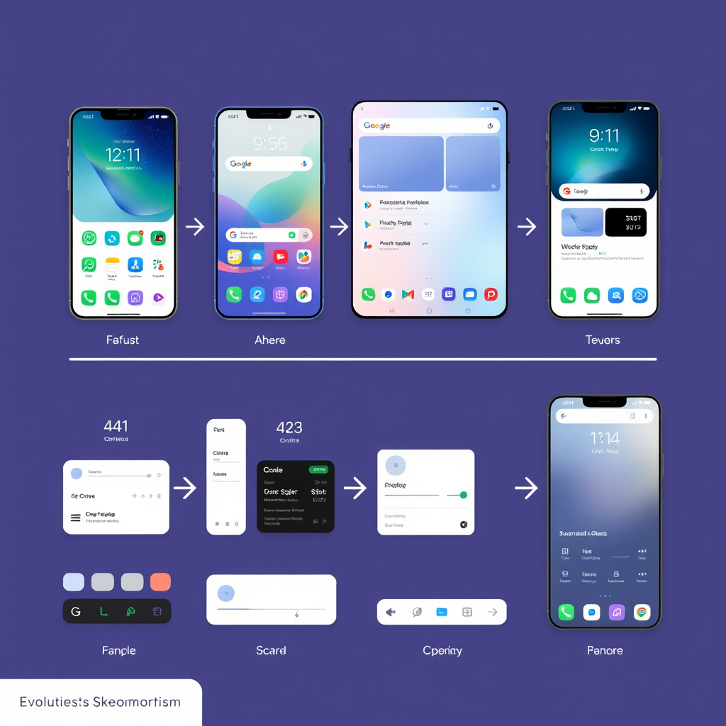 Evolución del diseño UI/UX mostrando la transición del skeuomorfismo al minimalismo con ejemplos de interfaces modernas y elementos de diseño limpio