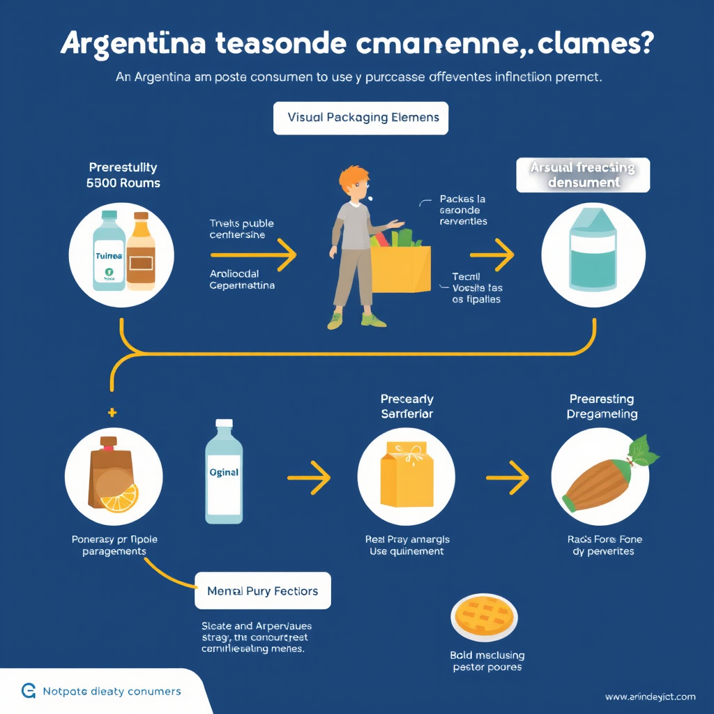 Infografía mostrando el proceso de decisión de compra del consumidor argentino con elementos visuales de packaging influyendo en cada etapa