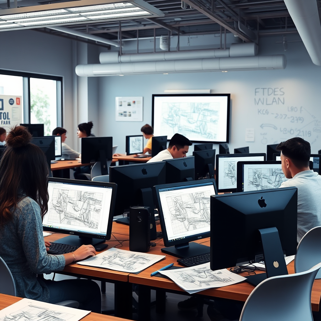 Aula de diseño moderna donde estudiantes trabajan simultáneamente con computadoras para diseño digital y papel para bocetos tradicionales, mostrando la integración de ambos métodos