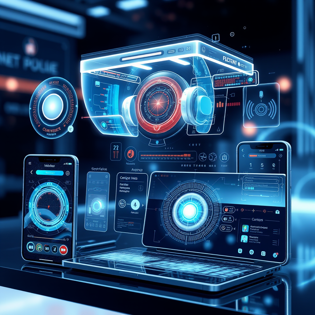 Concepto futurista del diseño de interfaces mostrando elementos de realidad aumentada, interfaces de voz y diseño adaptativo en múltiples dispositivos