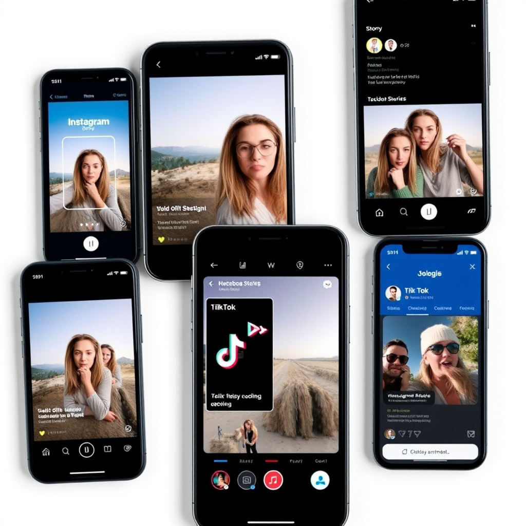Mockup de diferentes dispositivos móviles mostrando animaciones optimizadas para redes sociales, incluyendo Instagram Stories, TikTok y Facebook Ads