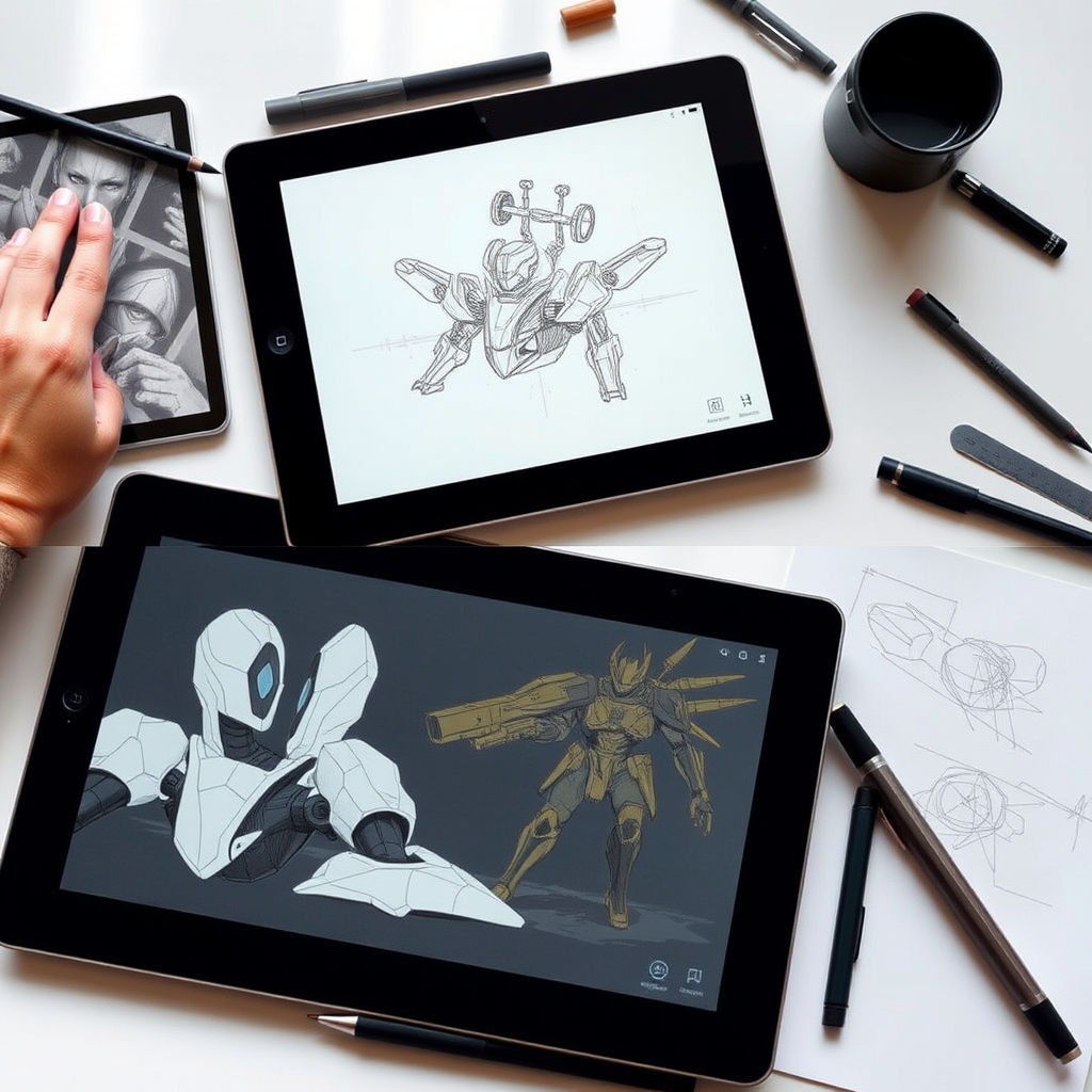 Comparación entre herramientas digitales y métodos tradicionales en educación de diseño mostrando tabletas digitales junto a bocetos a mano y materiales tradicionales