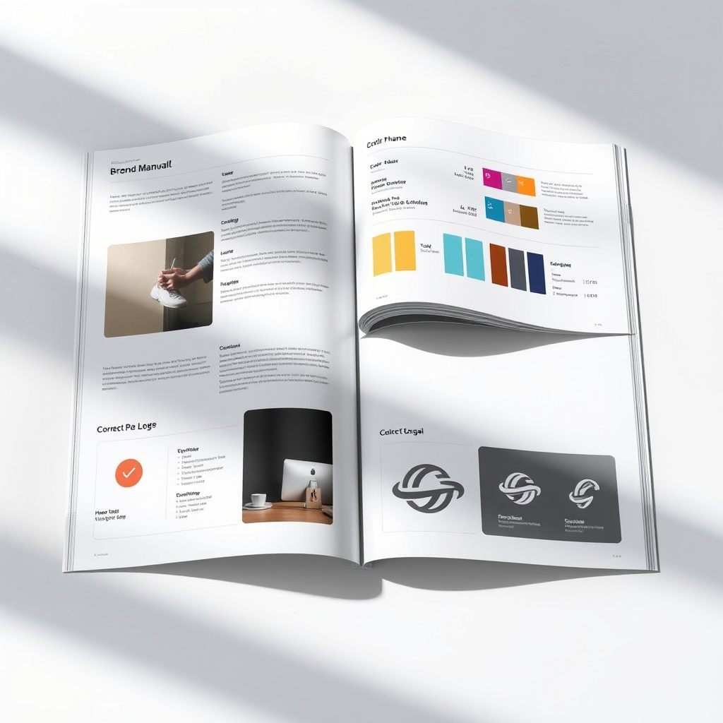 Manual de marca profesional abierto mostrando páginas con guidelines, especificaciones técnicas, paleta de colores y aplicaciones correctas del logo