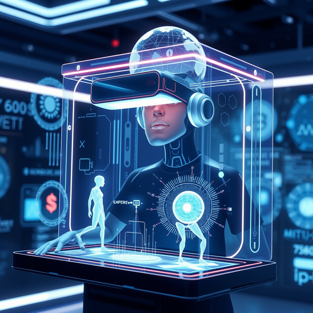 Visualización futurista de tecnologías emergentes en animación incluyendo realidad aumentada, interfaces holográficas y animaciones impulsadas por IA