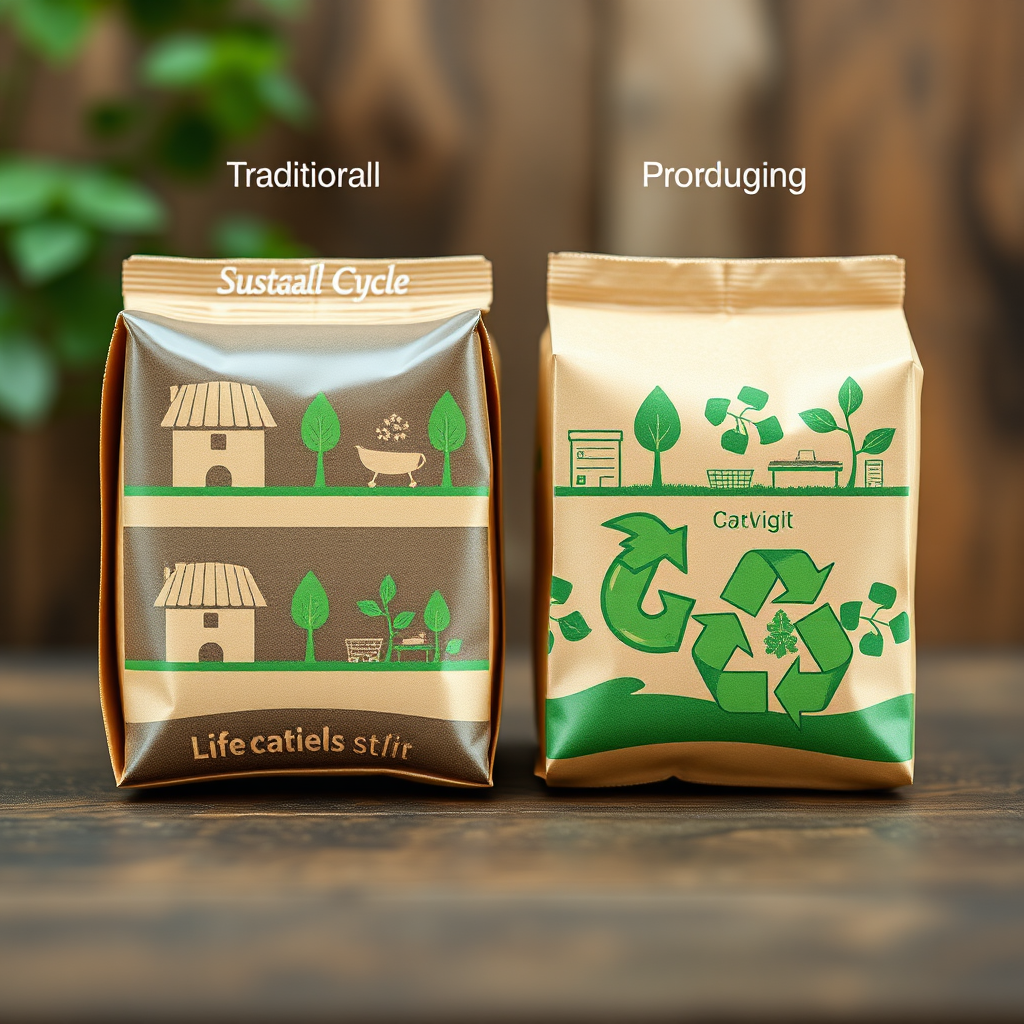Comparación visual entre packaging tradicional y sustentable mostrando el ciclo de vida completo desde la producción hasta el reciclaje