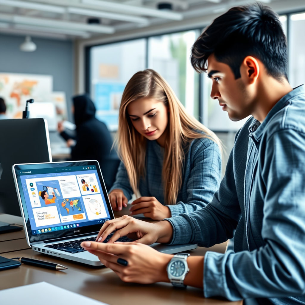 Plataforma educativa de diseño gráfico mostrando estudiantes trabajando en proyectos creativos con tecnología moderna en Argentina